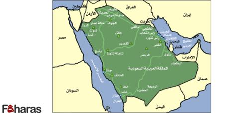 خريطة توضح مدن السعودية وتضاريسها، والحدود بين الدول العربية
