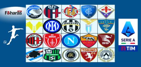 جدول الترتيب لفرق الدوري الايطالي درجة أولى وخلفية بها شعارات الأندية الإيطالية مع خلفية زرقاء فاتحة